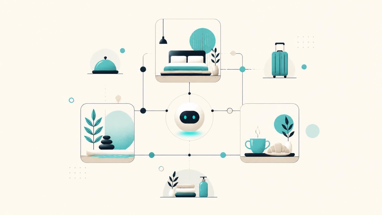 Illustration of hotel services connected to a central assistant