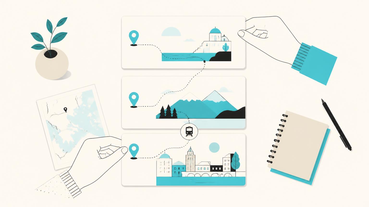 Illustration of day cards linked by a route line into one itinerary