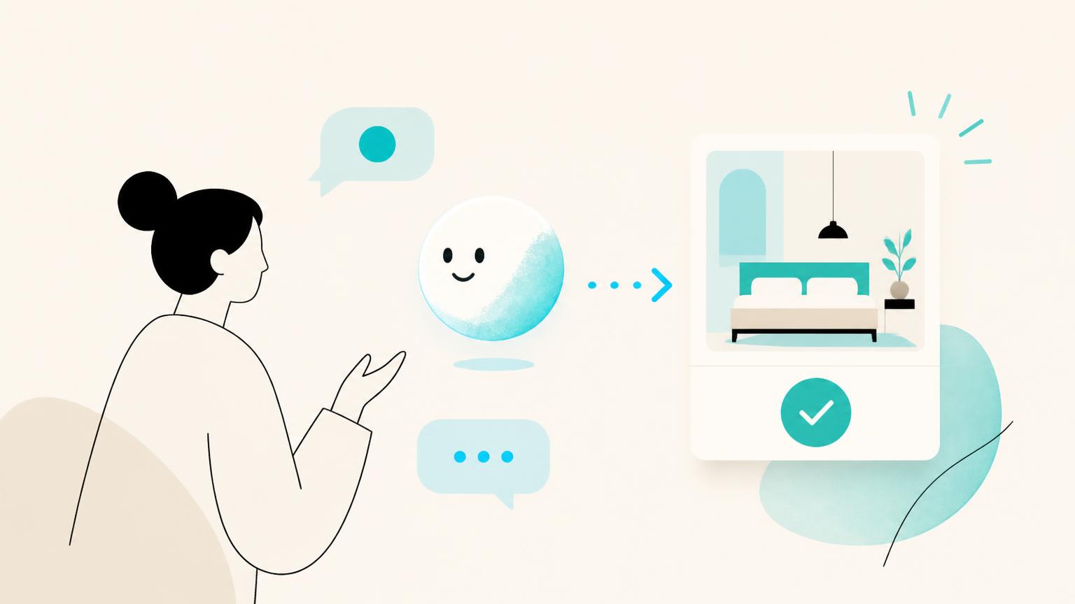 Illustration of a guest conversation resolving into a confirmed room card