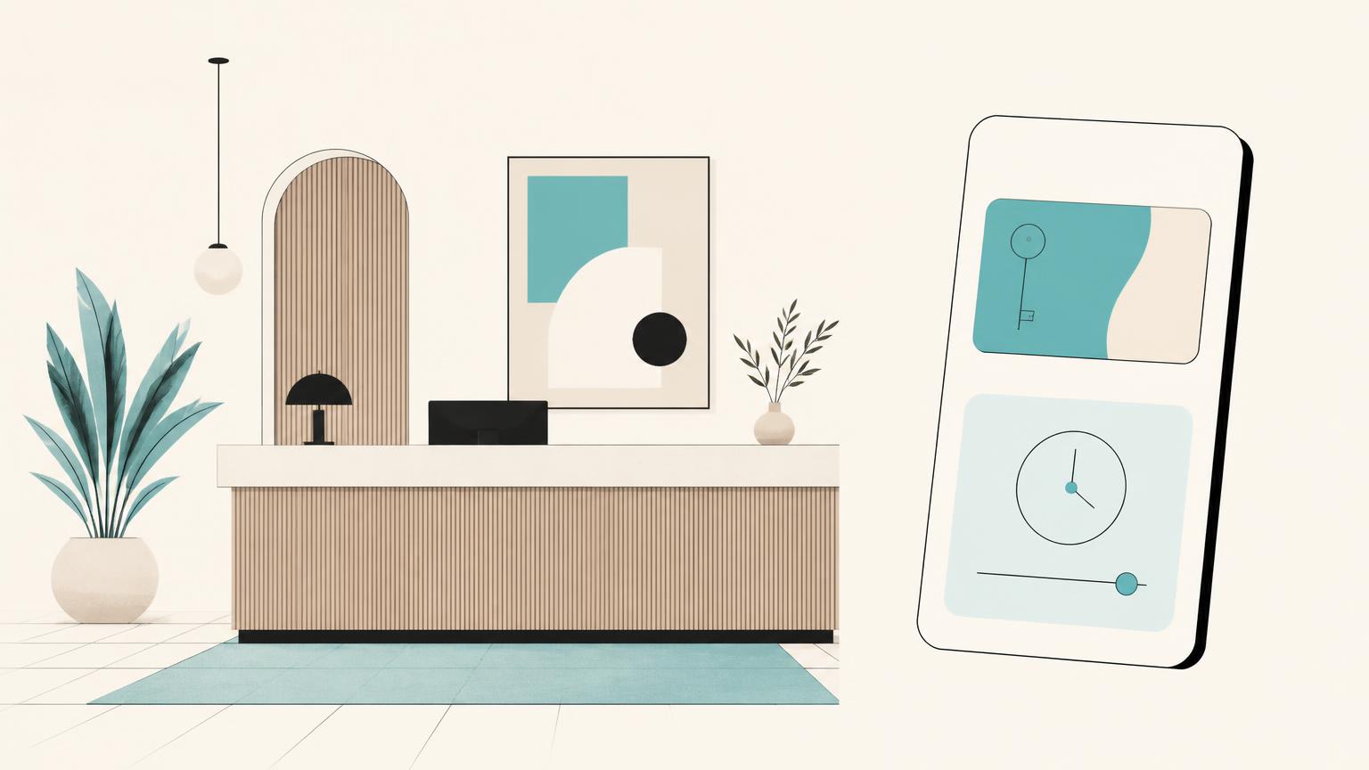 Illustration of a hotel reception desk beside a phone showing a room key and a check-in time