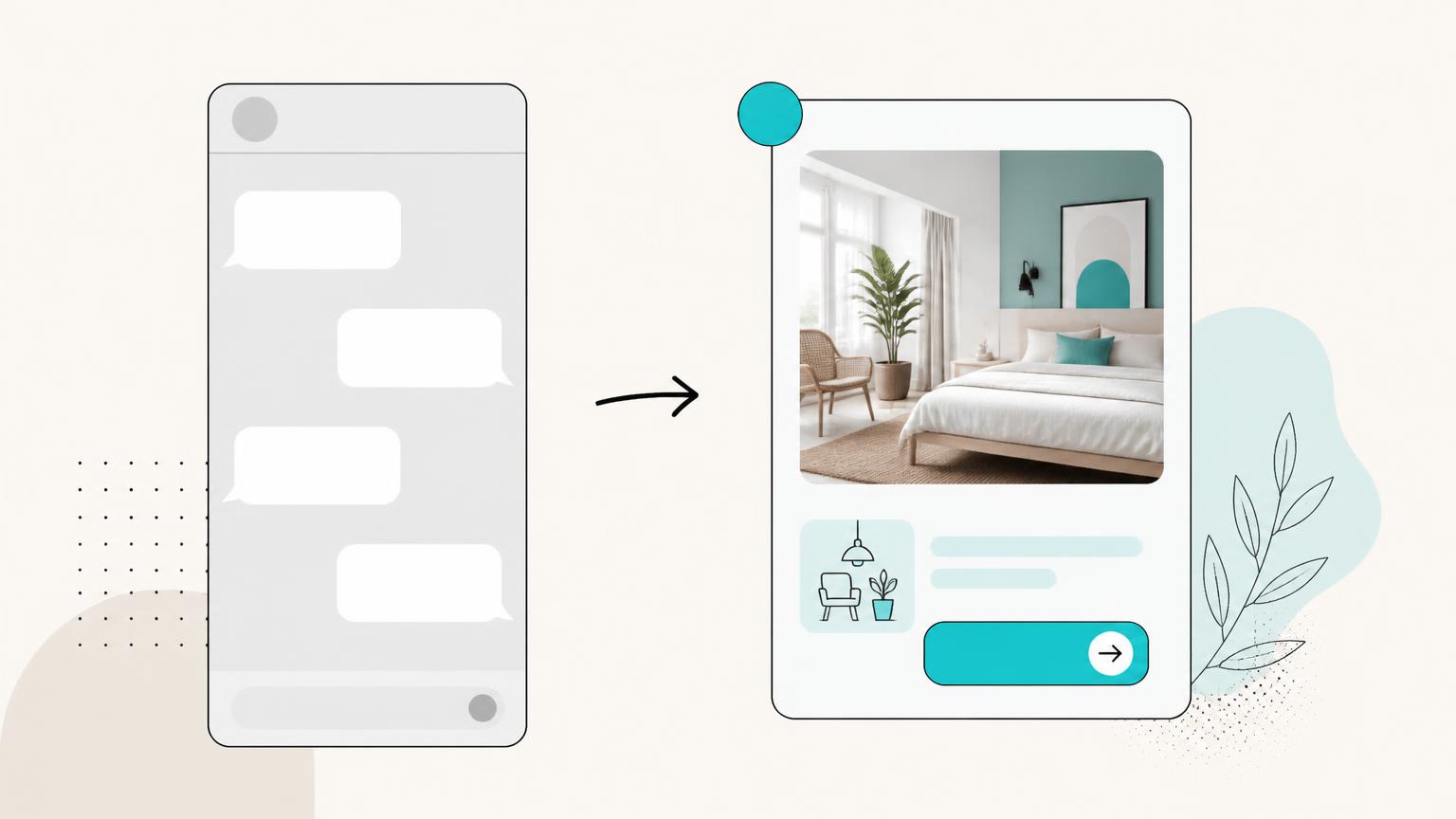 Illustration comparing a plain text chat window with a visual card that shows a room and a booking button