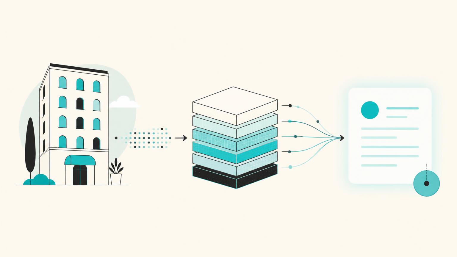 Illustration of hotel content structured into a data layer that feeds an AI answer with a citation