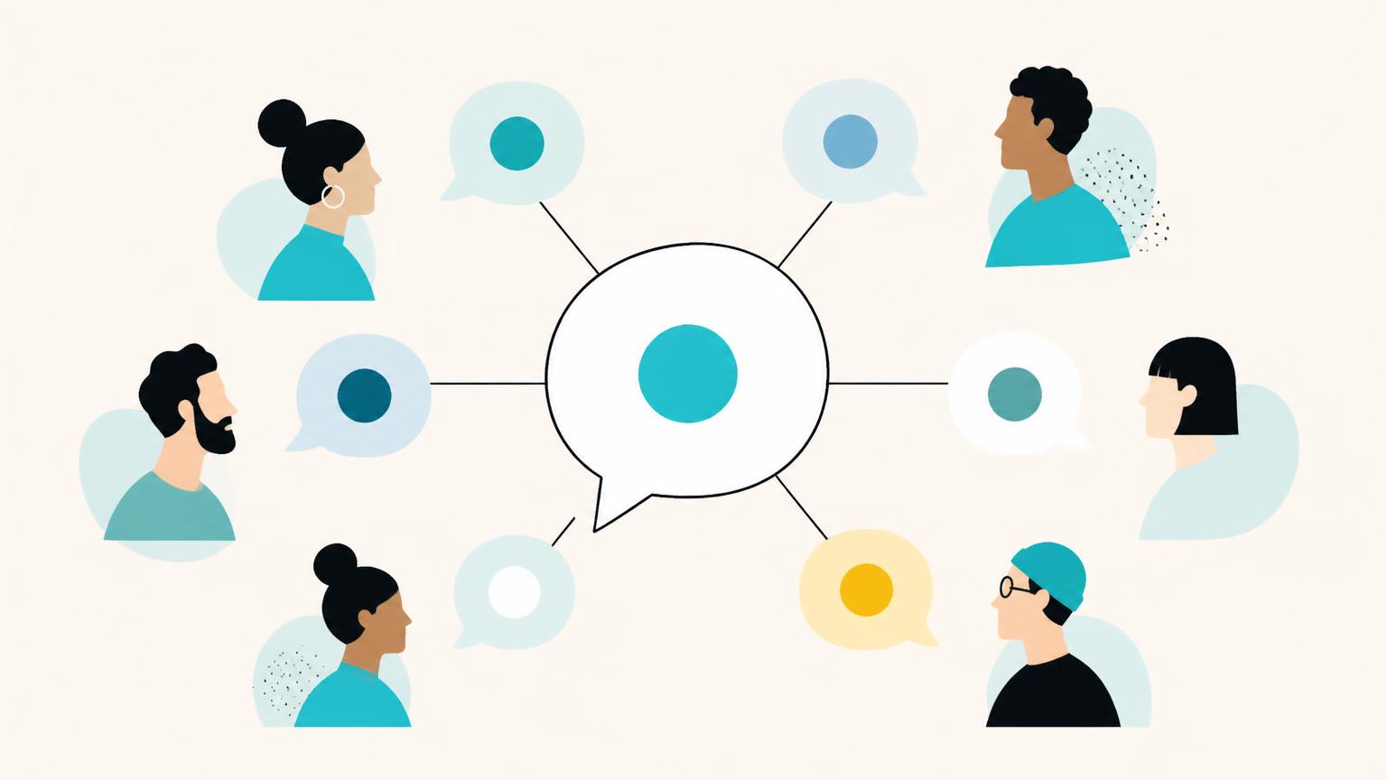 Illustration of one conversation branching out to guests speaking different languages